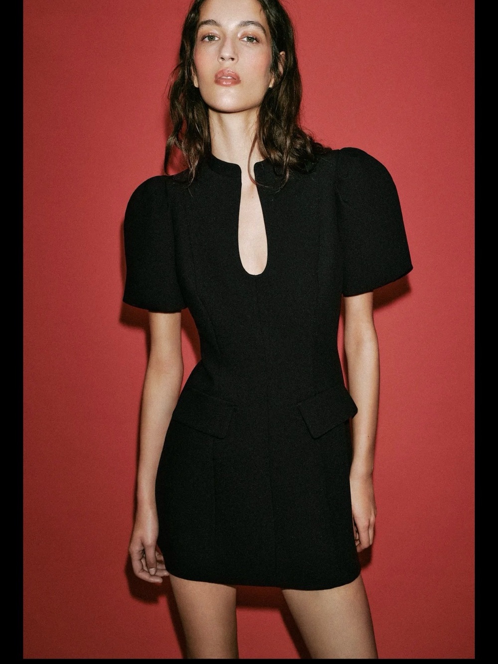 Zara Black Puff-Sleeve Mini Dress with Keyhole Neckline